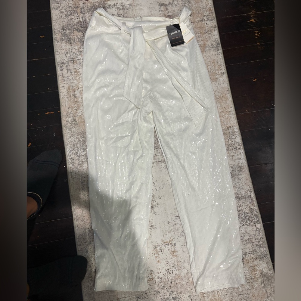 Forever 21 White Sequin Straight Leg Pants